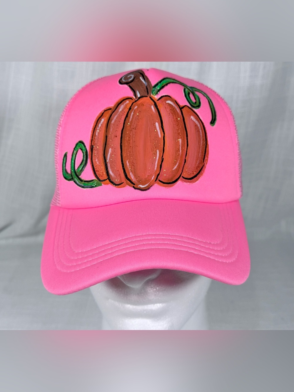 Custom Hand Painted Halloween Pumpkin Hat Neon Pink Trucker Mesh Cap NWT Hobby L